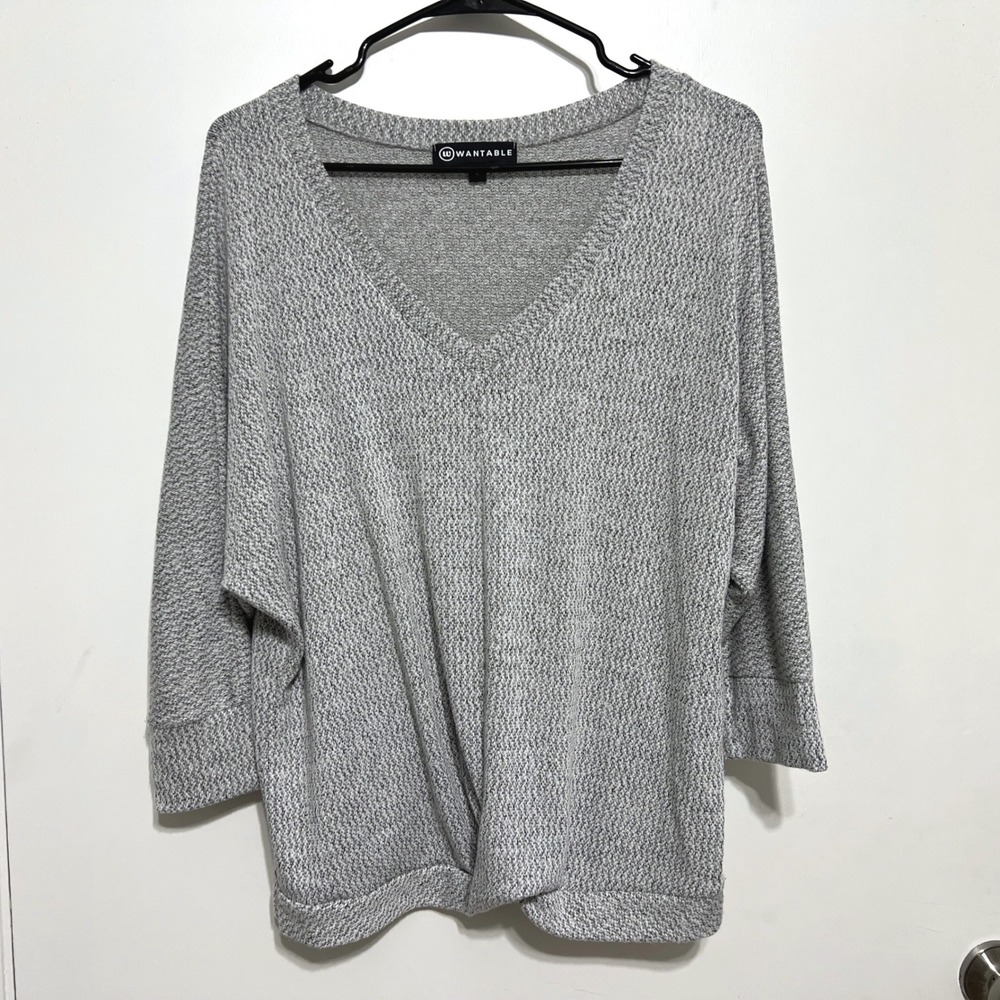Wantable Twist Front Top Womens Size L Gray V-Neck Dolman 3/4 Sleeve‎